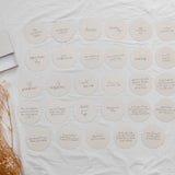 Round milestone cards with motivational phrases on a textured surface