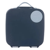 Black lunchbox with a circular logo on a light gray background