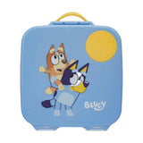A blue lunchbox featuring cartoon characters Bluey and Bingo.
