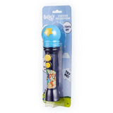 A blue and navy karaoke microphone toy in its original blister packaging, featuring a light blue globe with a yellow star, yellow buttons, and a cartoon dog graphic.