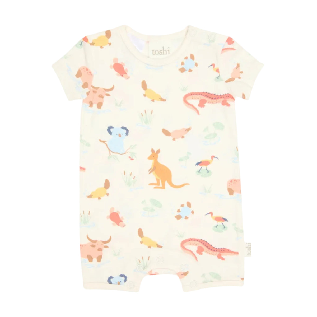Baby onesie with colorfull cute cartoon aussie animal pattern on a white background