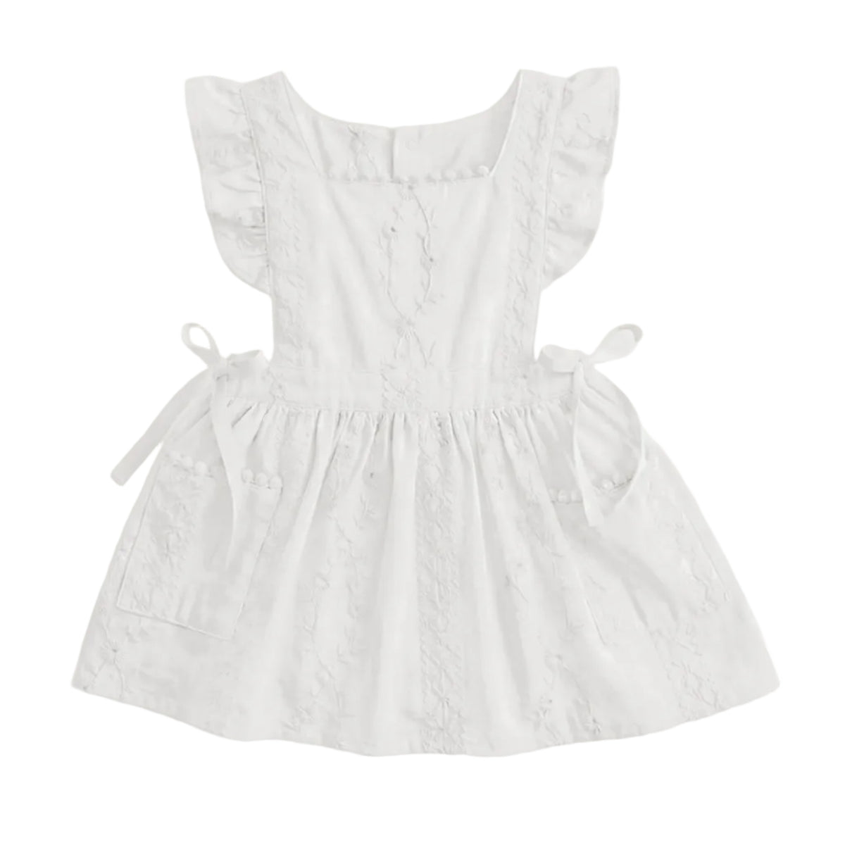 A white sleeveless baby dress with ruffled cap sleeves, a square neckline, embroidered details, and side ties, shown against a light gray background.