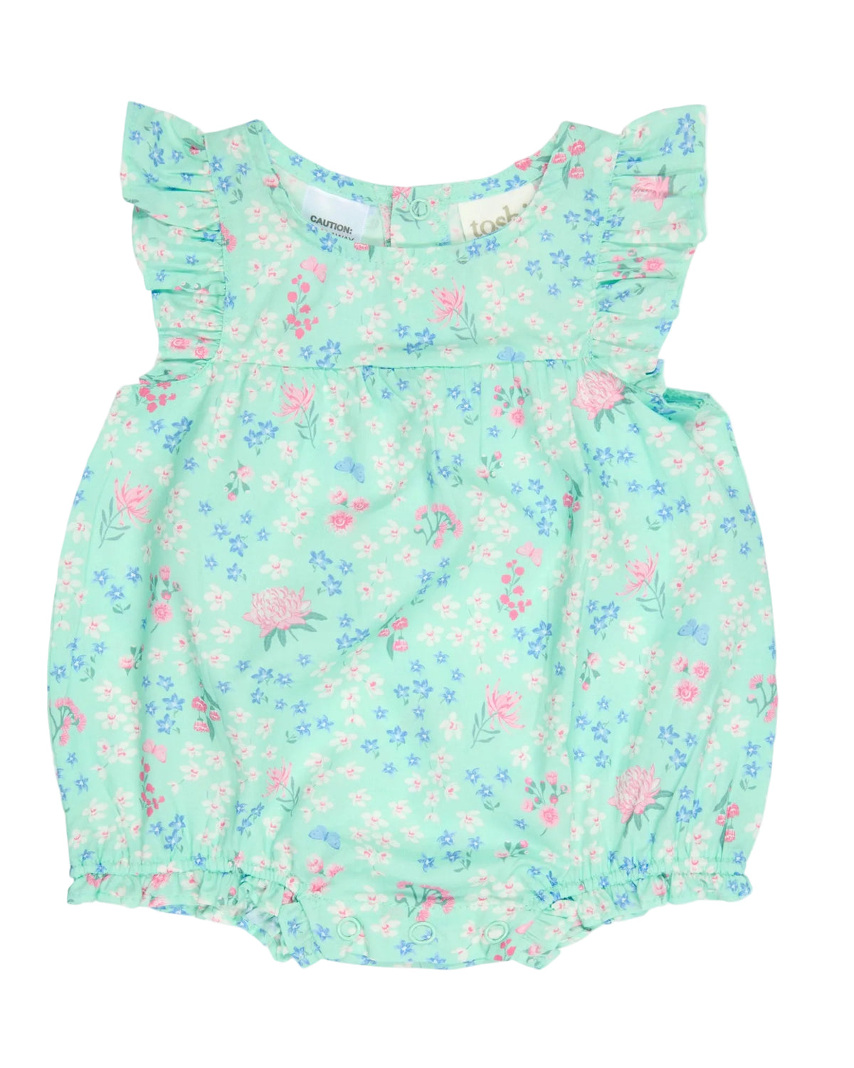 Floral-patterned baby romper on a light gray background