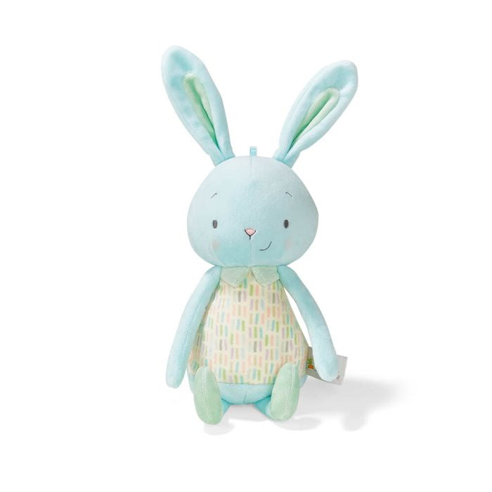 A soft toy depicting a mint-colored bunny with embroidered facial details and a patterned body.