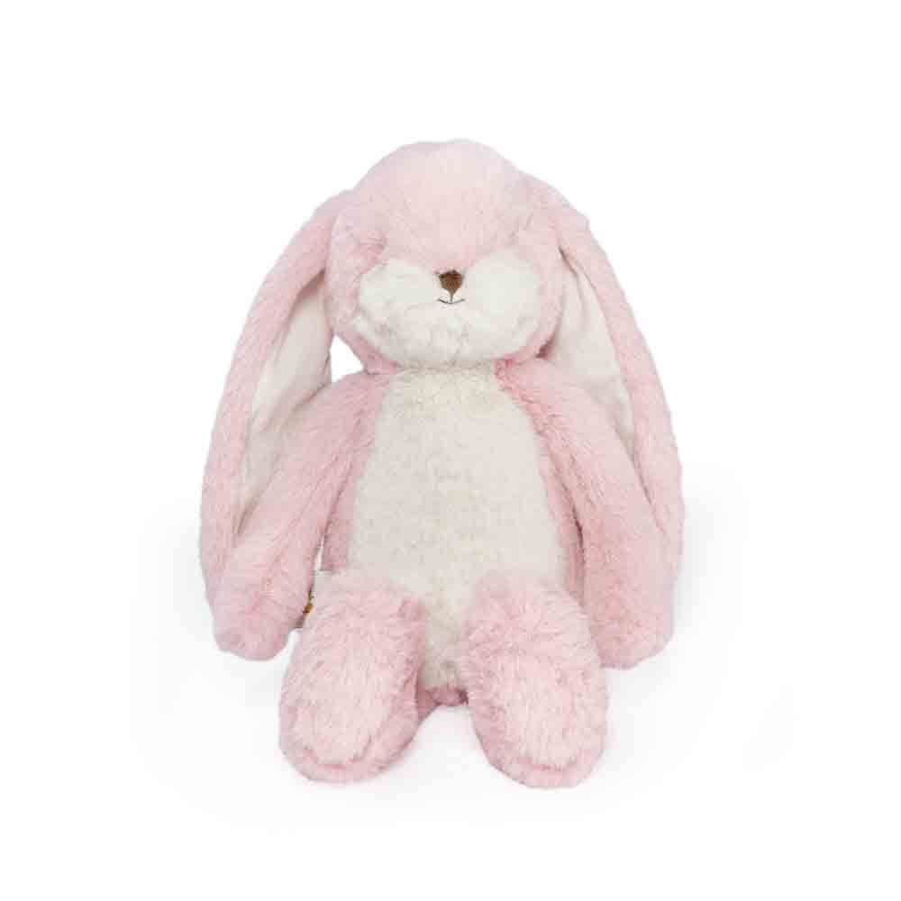 Pink plush bunny toy on a white background