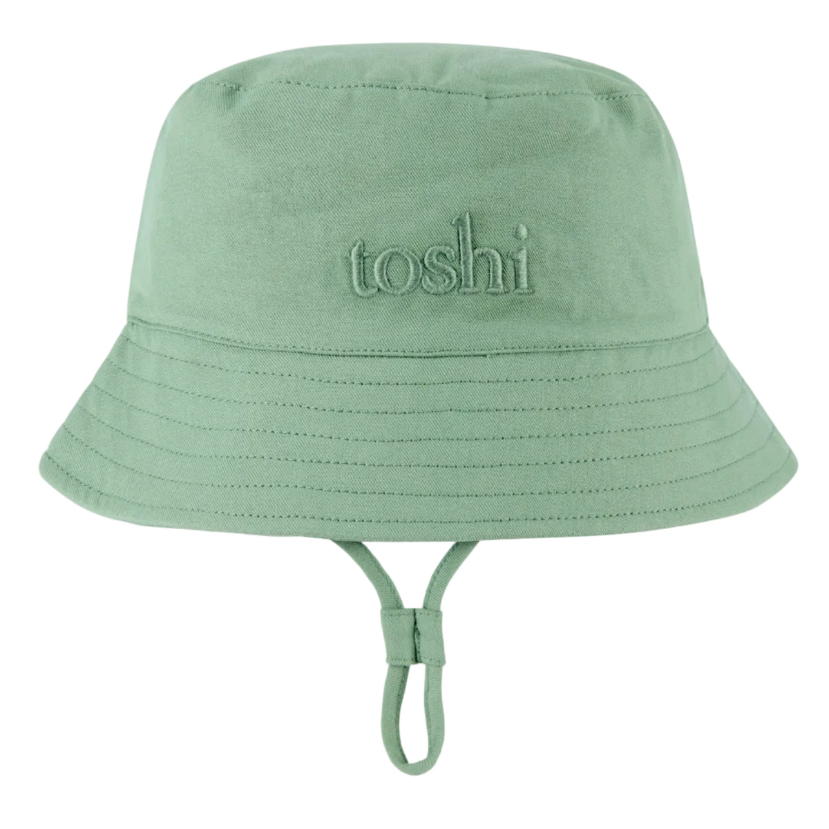 Green bucket hat with 'toshi' branding on a white background