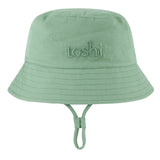 Green bucket hat with 'toshi' branding on a white background