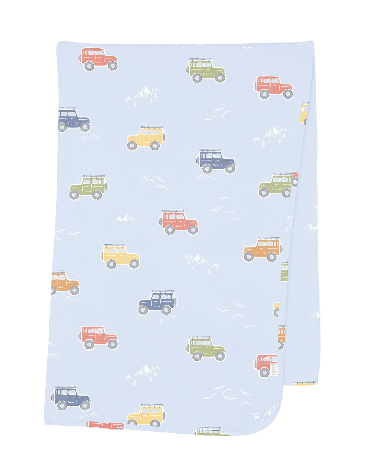 A knitted baby wrap with a pattern of various vehicles printed in multiple colors on a light blue background.