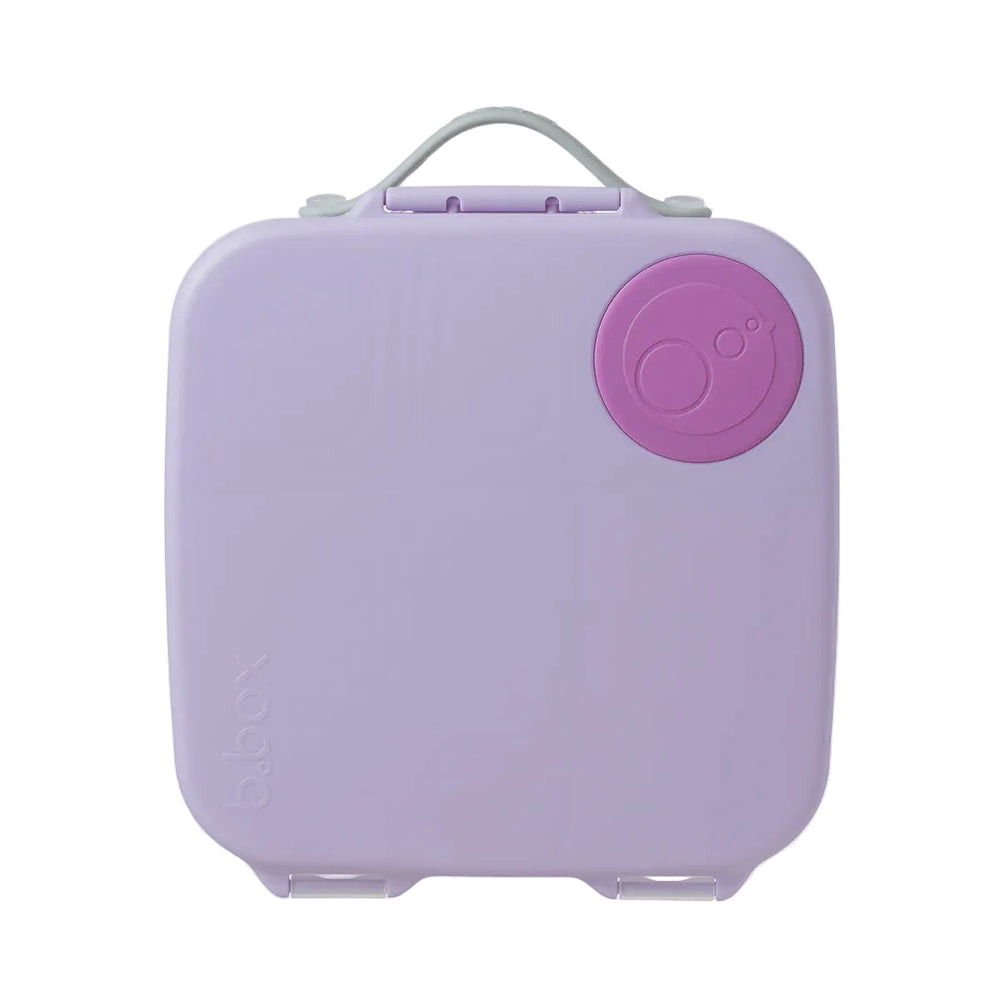Lavender lunchbox with a purple circular design top right on a light gray background