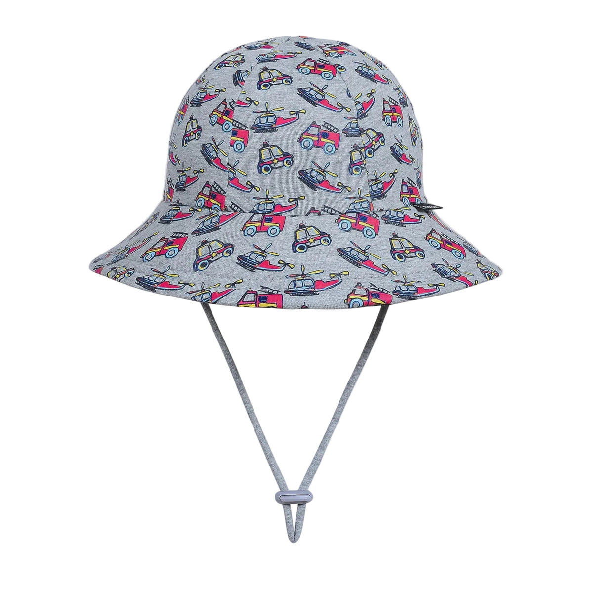 Kids bucket hat with grey background and images of emergency vehichles such as fire engine, helicopter, police care and ambulance