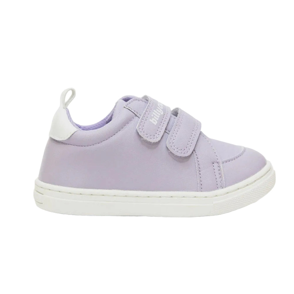 Purple children's sneaker with velcro straps on a white background