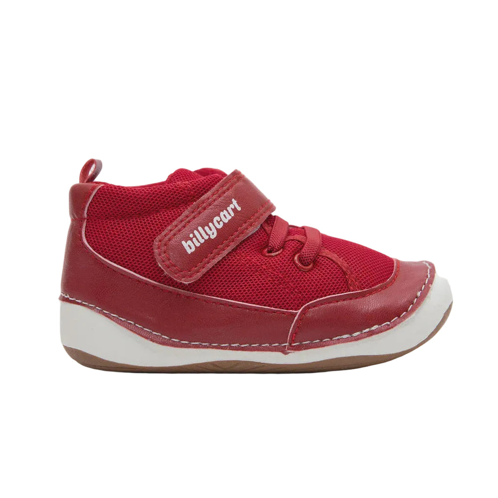 Red high-top baby sneakers with a lace-up closure and a brand label on the side.