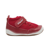 Red high-top baby sneakers with a lace-up closure and a brand label on the side.