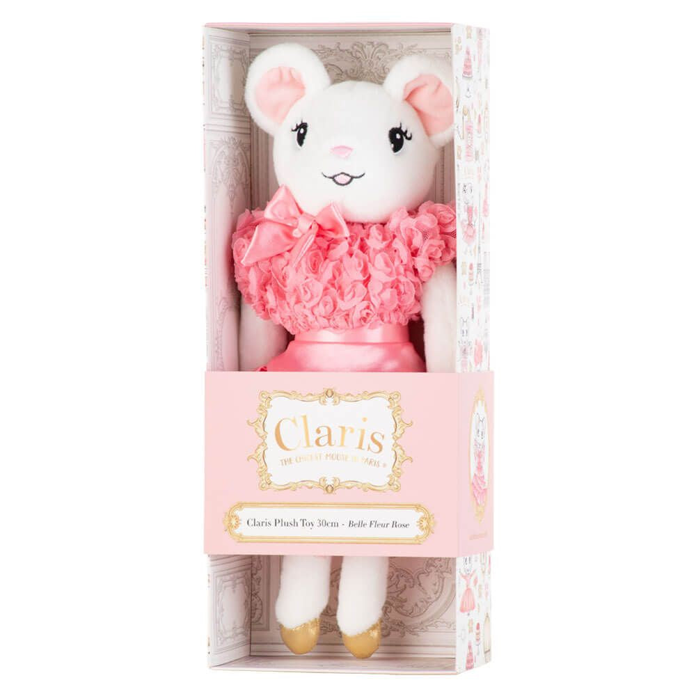 A plush toy named Claris, with a pink dress, white body, and gold shoes, packaged in a branded pink and white gift box.
