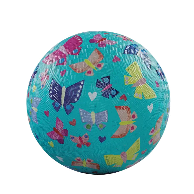 Turquoise ball with colorful butterfly pattern on a white background