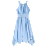 A light blue sleeveless dress with a high-low asymmetrical hem, pleated bodice, and elastic waistband, shown against a plain white background.