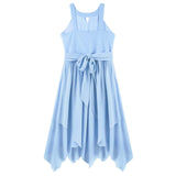 A light blue sleeveless dress with a square neckline, a matching fabric tie belt at the waist, and a flowing layered skirt with an asymmetrical hem, shown on a plain white background.