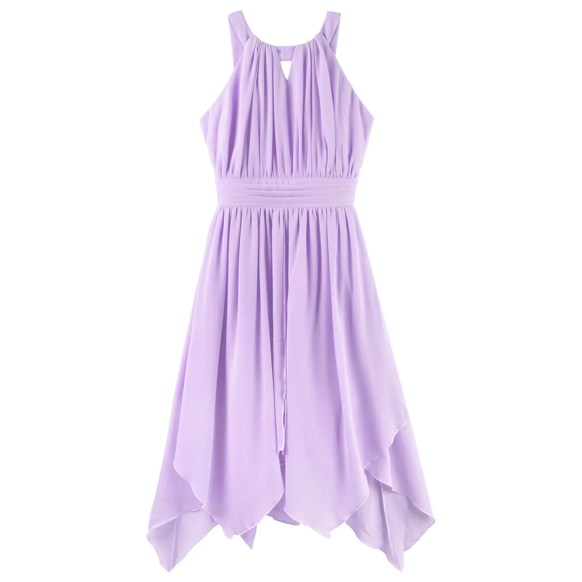 A sleeveless lavender purple dress with a high-low asymmetrical hemline, featuring a pleated bodice and a gathered waistband, shown against a plain white background.