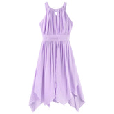 A sleeveless lavender purple dress with a high-low asymmetrical hemline, featuring a pleated bodice and a gathered waistband, shown against a plain white background.
