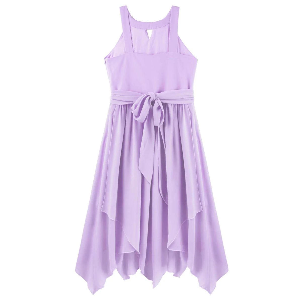 The back of a sleeveless lavender dress with a square neckline, a matching fabric tie belt at the waist, and a flowing chiffon-like skirt with an asymmetrical layered hem, shown against a plain white background.