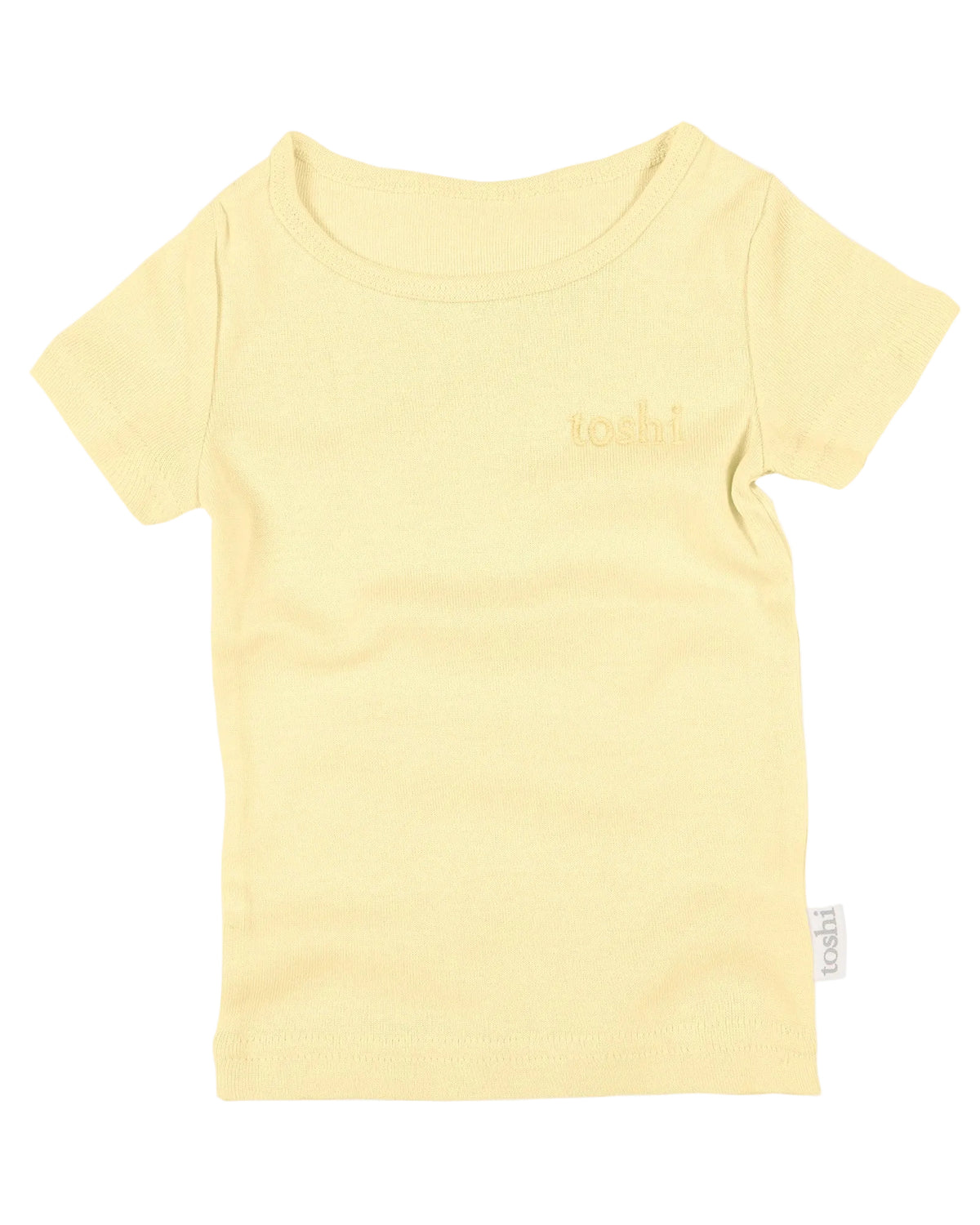 Yellow t-shirt with a brand logo on a light gray background