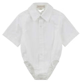 A baby boys short-sleeved white formal romper for babies with a tailored collar and front button openings.