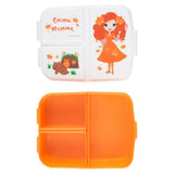 Emma Memma Lunch box in orange with a white lid and Emma Memma Cartoon and wombat white lid