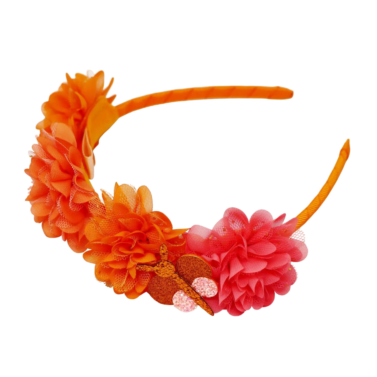 An orange and pink floral butterfly headband.