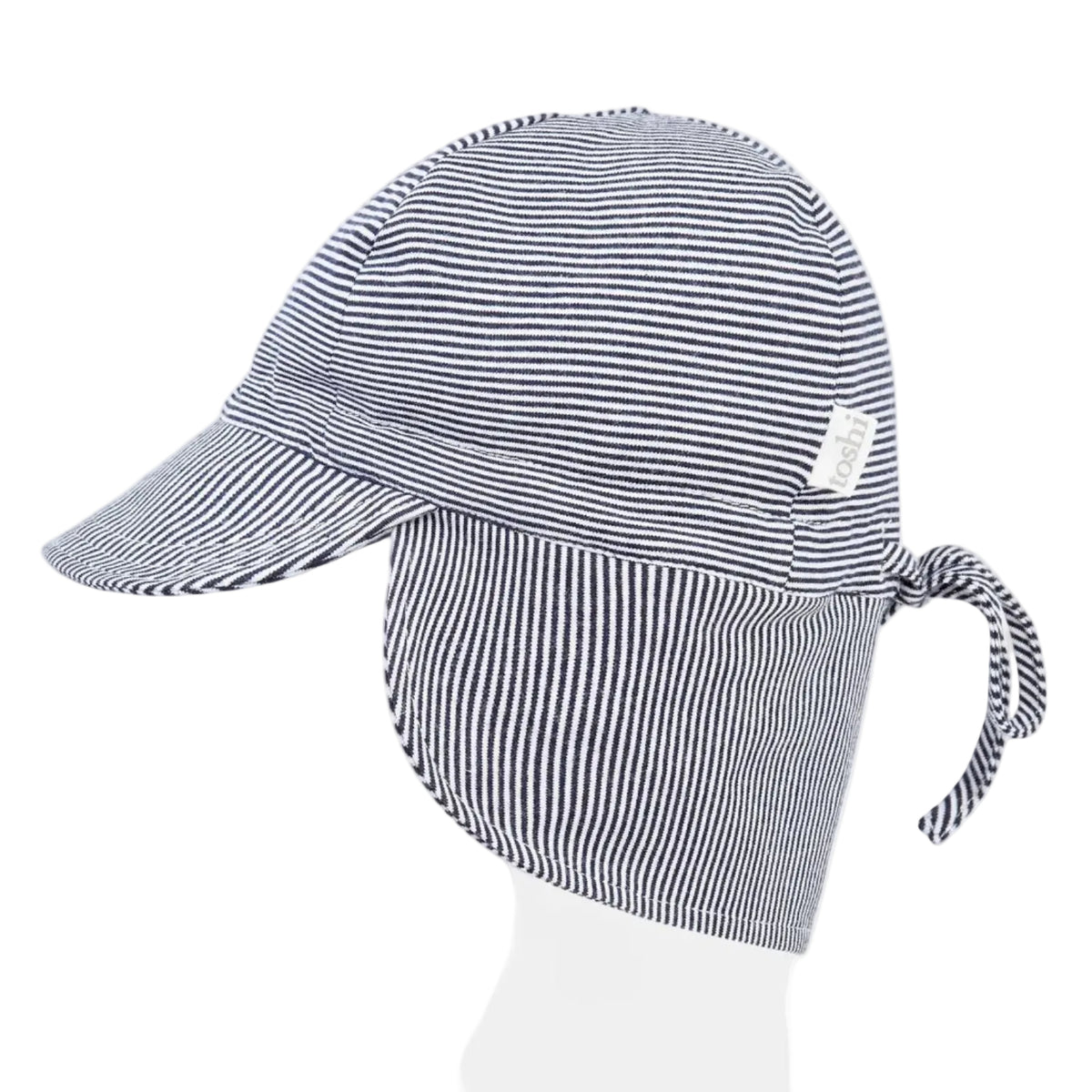 A striped baby sun hat with a contoured neck flap, featuring a combination of periwinkle and baby blue stripes.