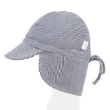 A striped baby sun hat with a contoured neck flap, featuring a combination of periwinkle and baby blue stripes.