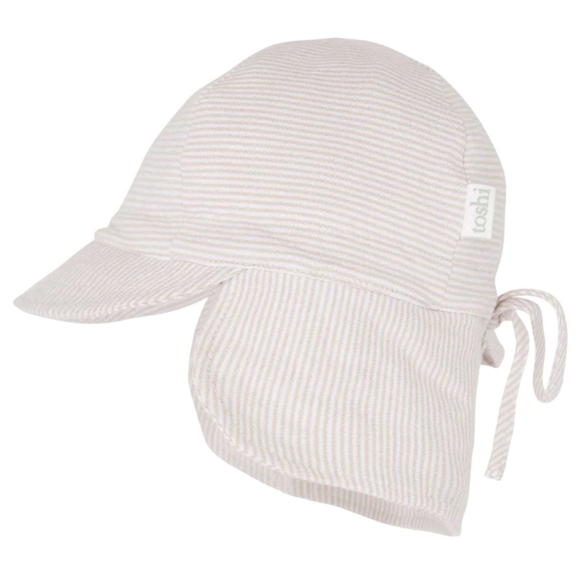A beige and white striped Toshi Flap Cap Baby with a contoured neck flap, head tie, and chin tie.
