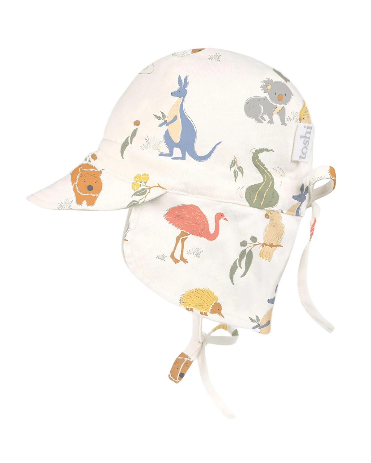 A multicolored baby sunhat with an Aussie animal patterns and a contoured neck flap.