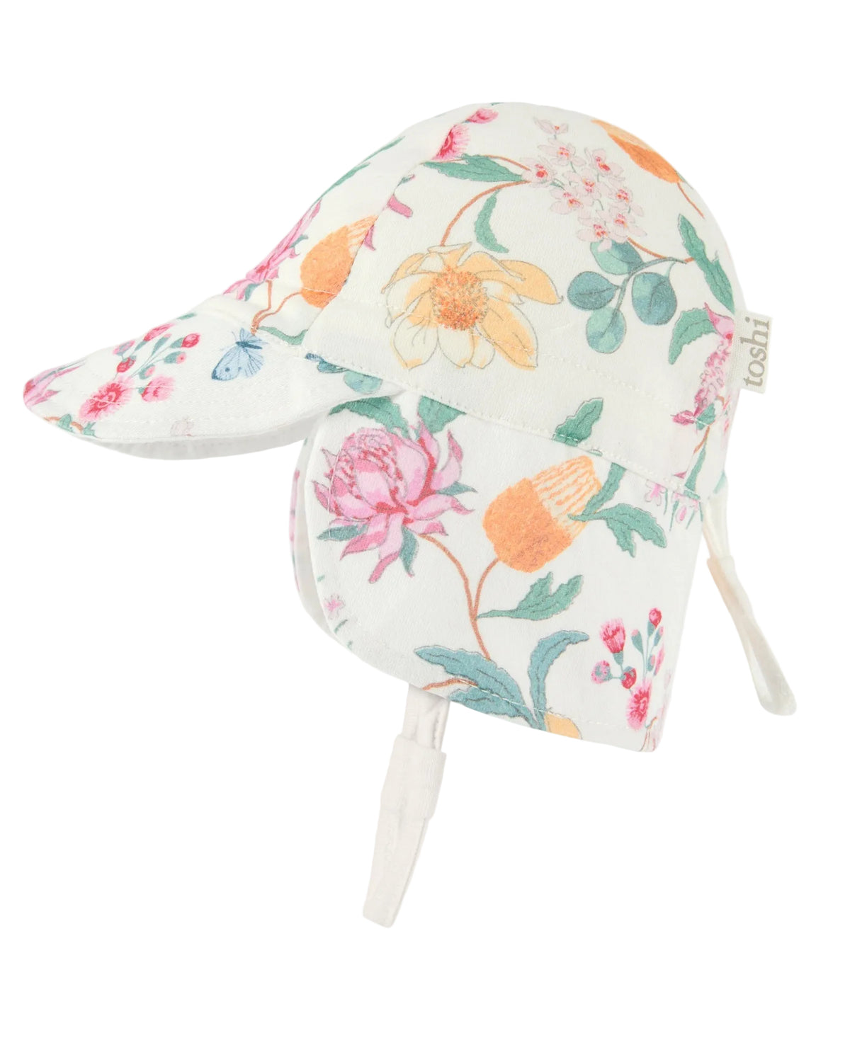 Floral-patterned sun hat with UPF 50+ label on a white background