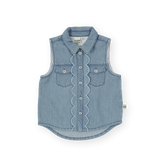 Blue denim vest with ruffled details on a white background