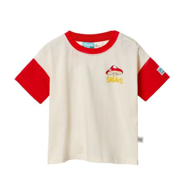 Beige t-shirt with red sleeves and a smurfs mushroom logo on a white background