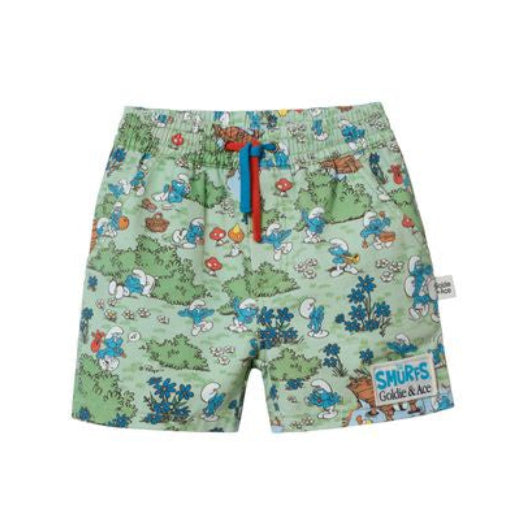Children's shorts with a colorful smurf cartoon pattern on a white background