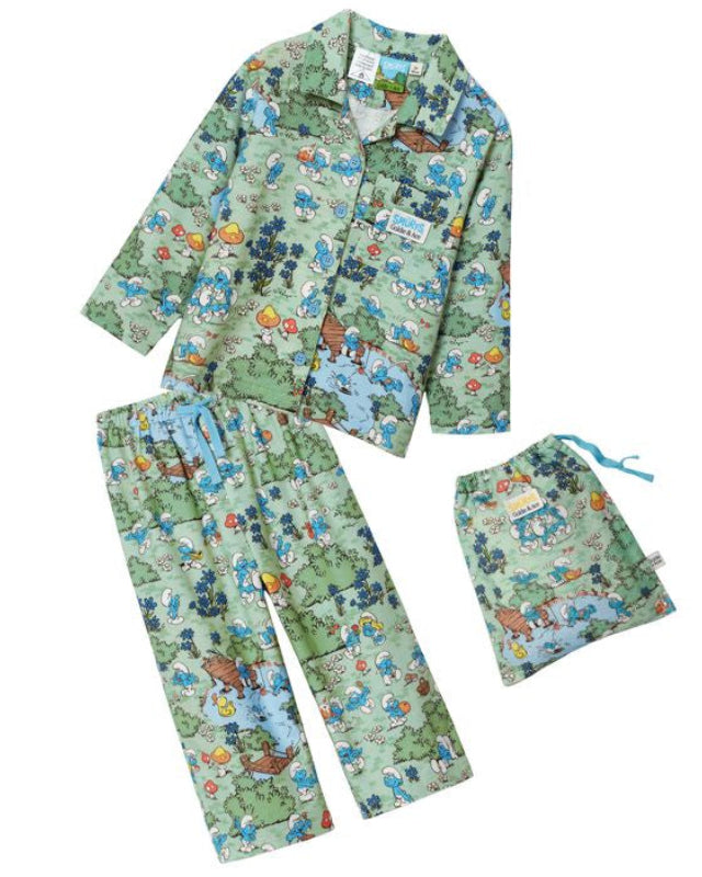 Children's pajama set in smurf cartton print with matching bag on a white background