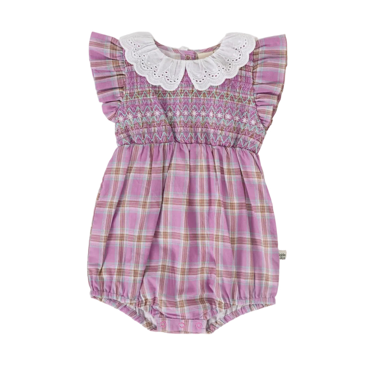 A purple checkered baby romper with a broderie anglaise collar, embroidered smocking on the chest, and frill sleeves.