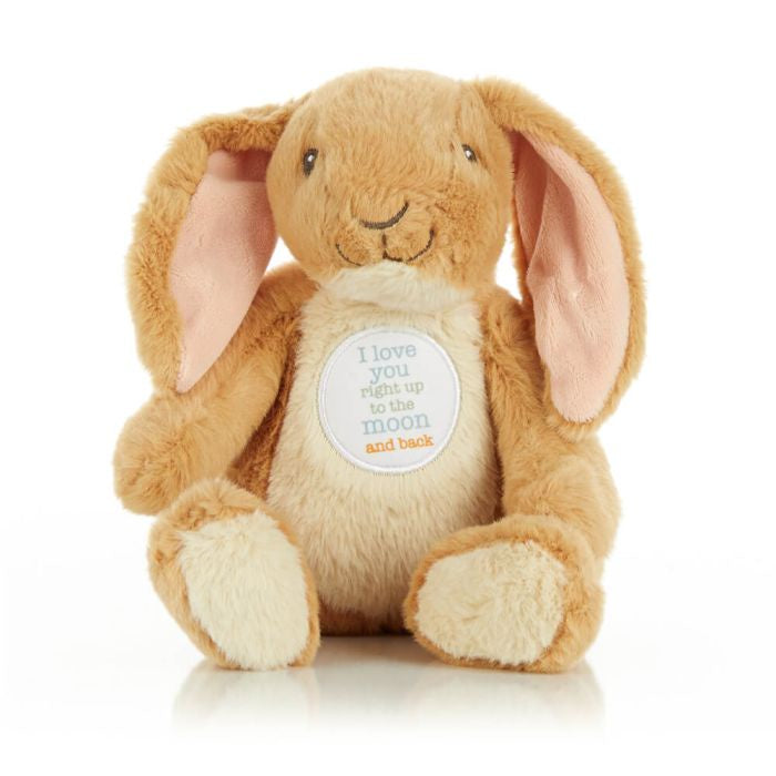 Plush Nut Brown hare bunny toy with a message tag on a white background