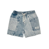 Light blue striped denim shorts with a white drawstring and a small brand patch on the left leg, shown flat on a white background.