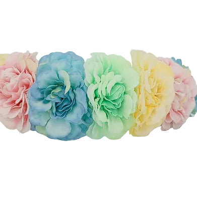 Pastel-colored flower headband on a light gray background