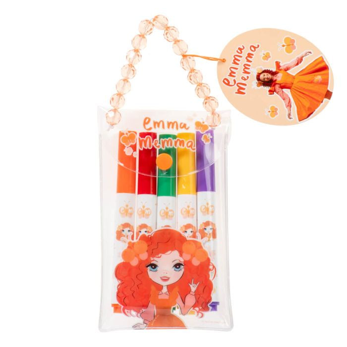 A set of 5 chunky marker pens from Emma Memma, displayed in a clear plastic wallet with an orange gemstone handle. The markers are in shades of yellow, orange, papaya, green, and purple, and are accompanied by an illustration of a character on the front.