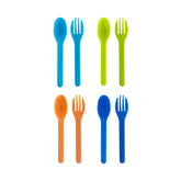 A set of forks and spoons, in aqua, lime green, orange and royal blue designed for children's cutlery.