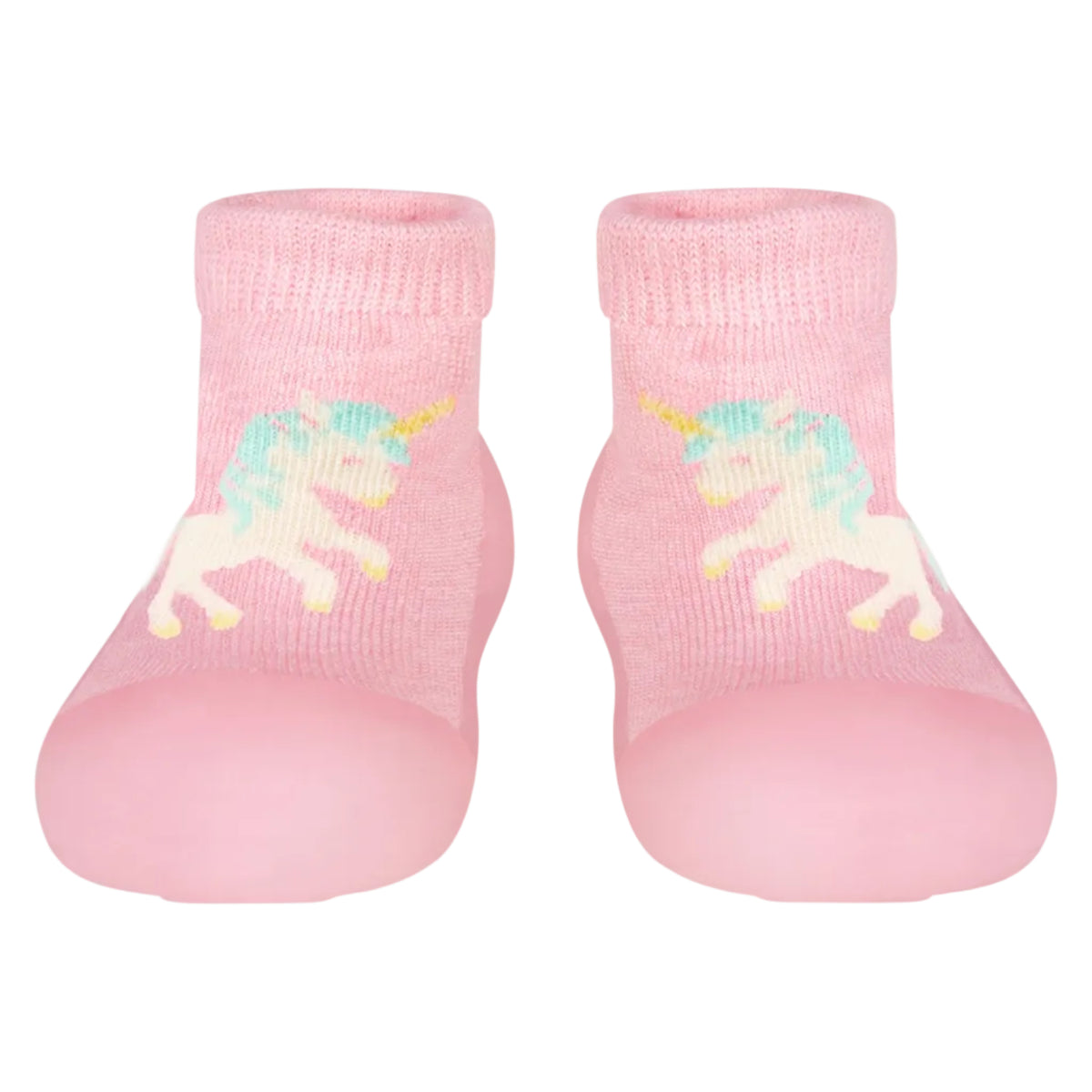 A pair of pink organic hybrid walking socks with a unicorn design and skid resistant rubber soles for babies.