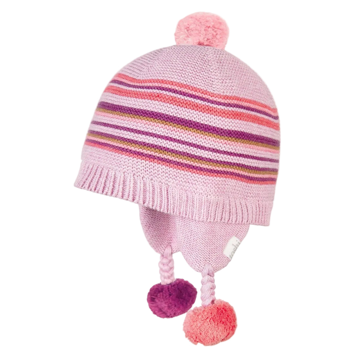 Pink striped knit hat with pom-poms on a white background