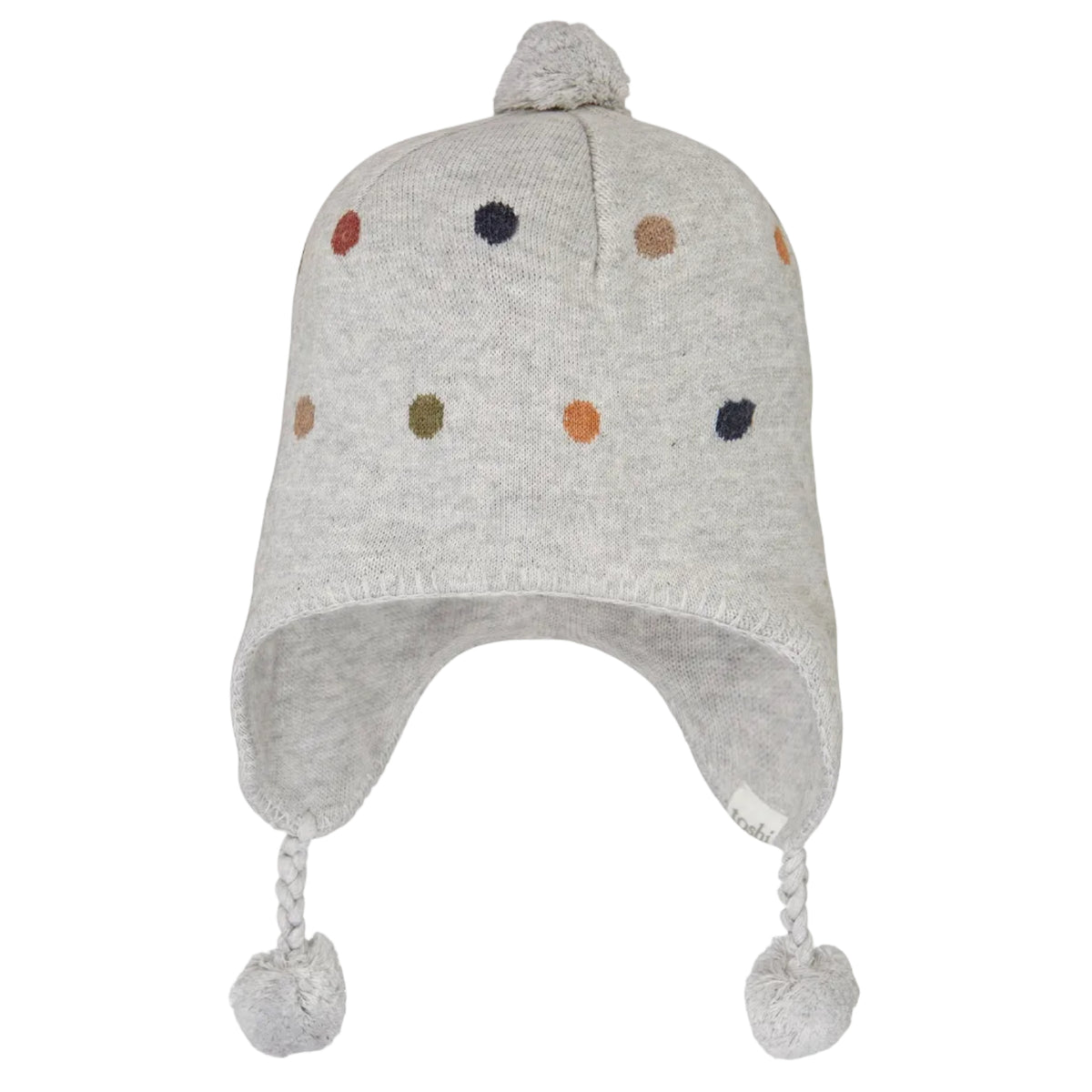 Gray knit baby hat with colorful polka dots and tassels on a white background
