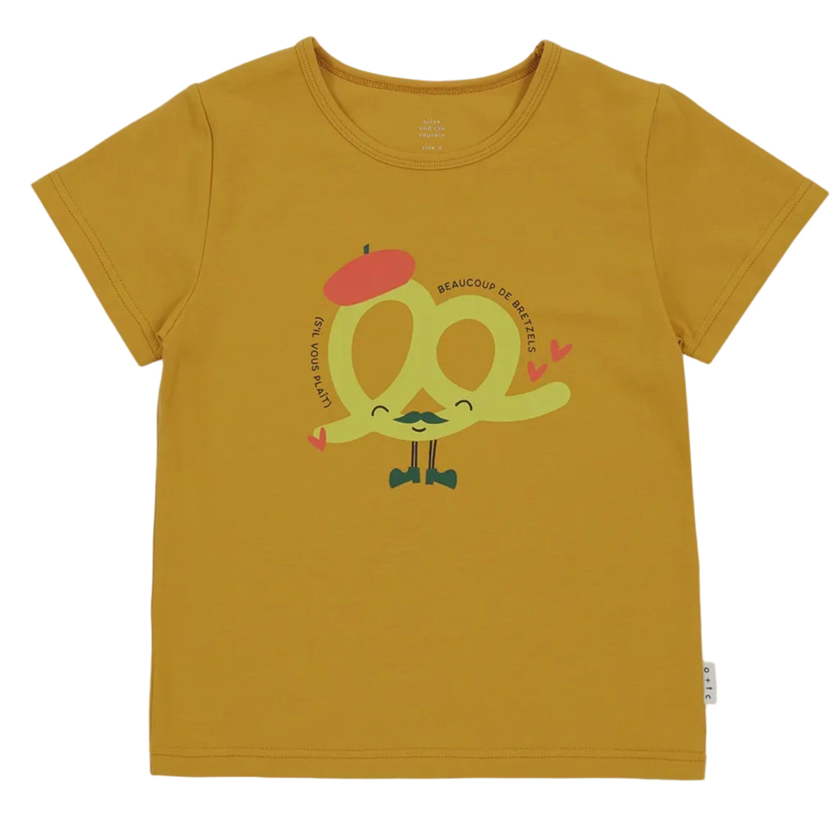 A mustard yellow classic crew neck t-shirt with a graphic of a pretzel character named Bretzel on the front.