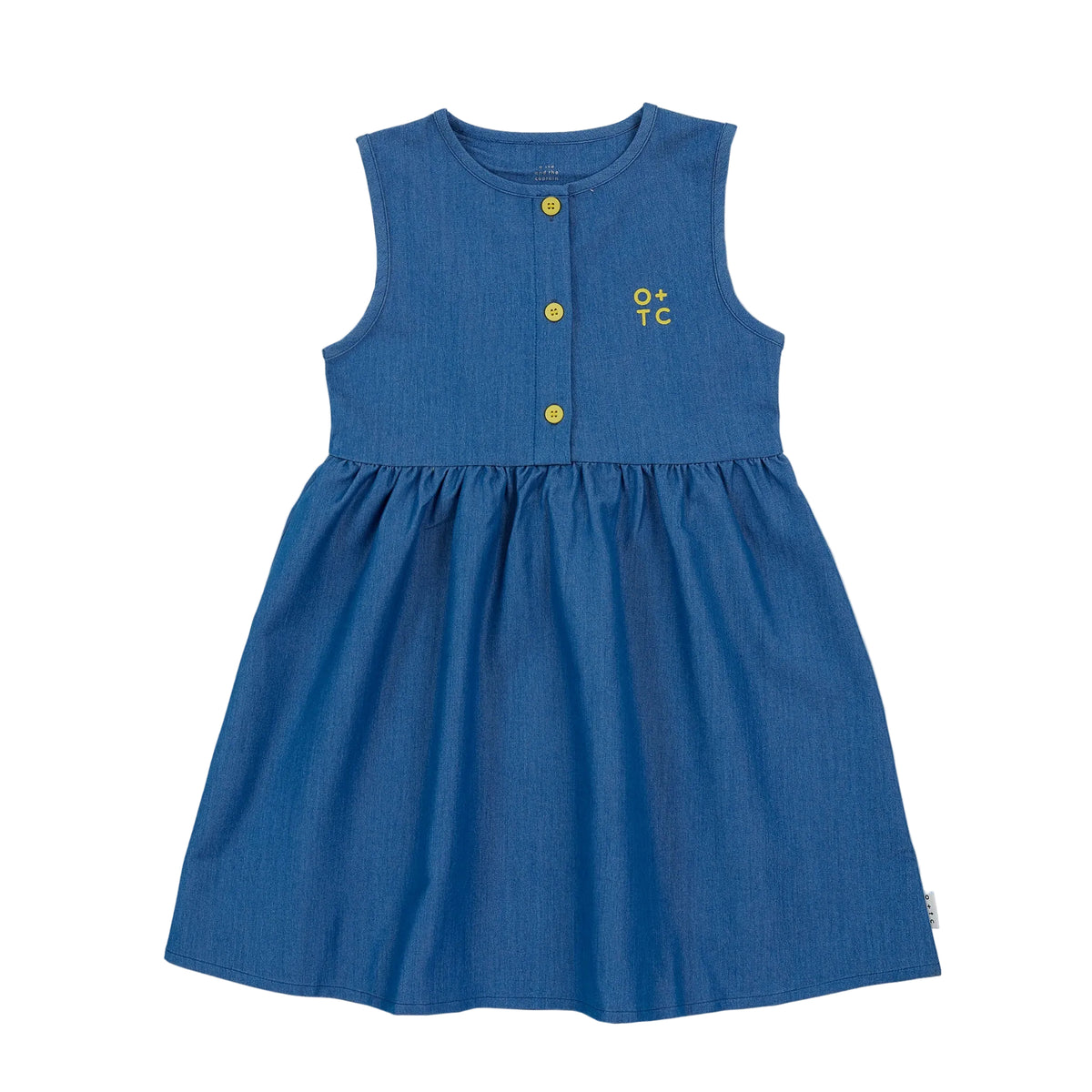 Blue light denim dress with yellow buttons on a light gray background