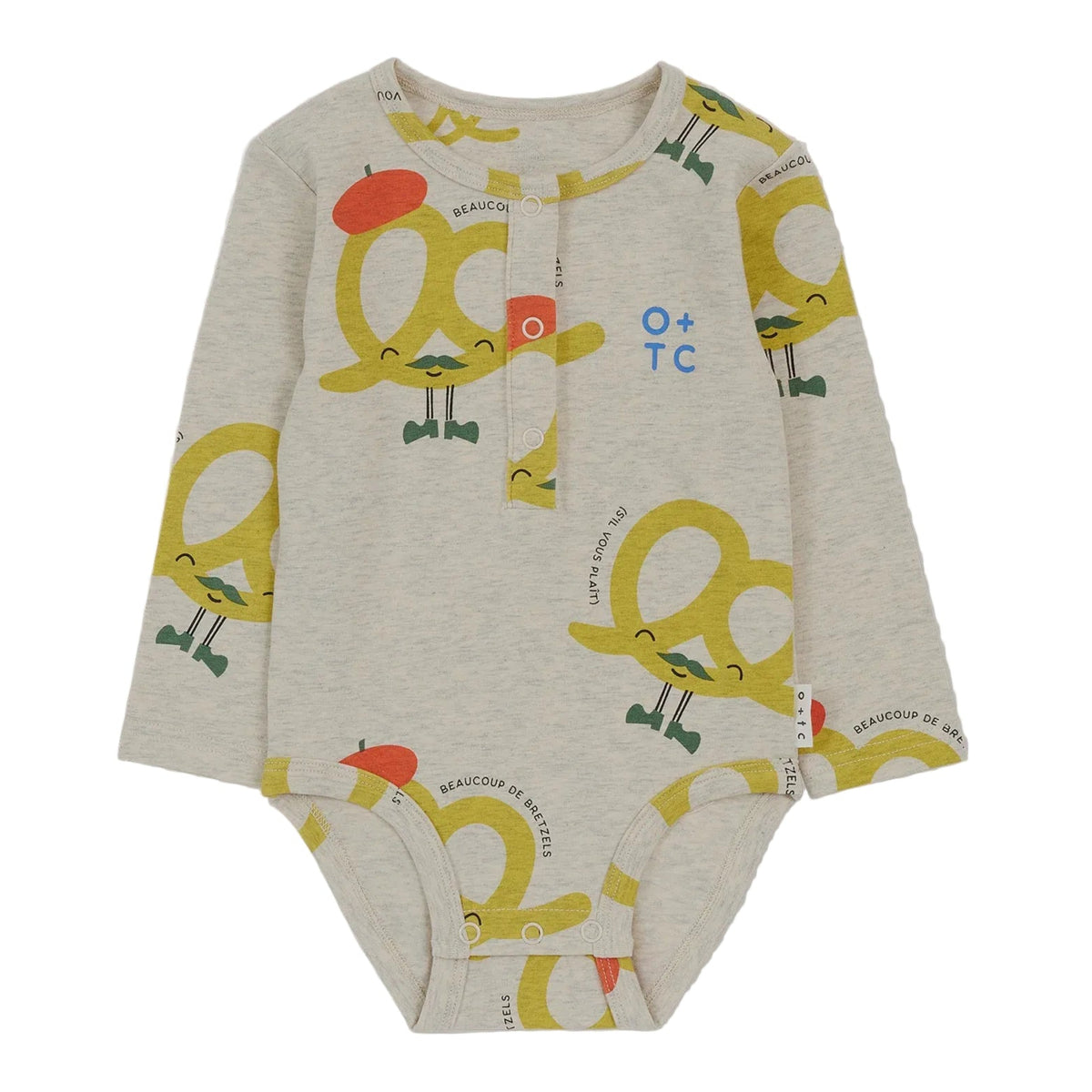 Ecru-colored long-sleeve bodysuit for babies with a pretzel character print all over, featuring snap buttons.