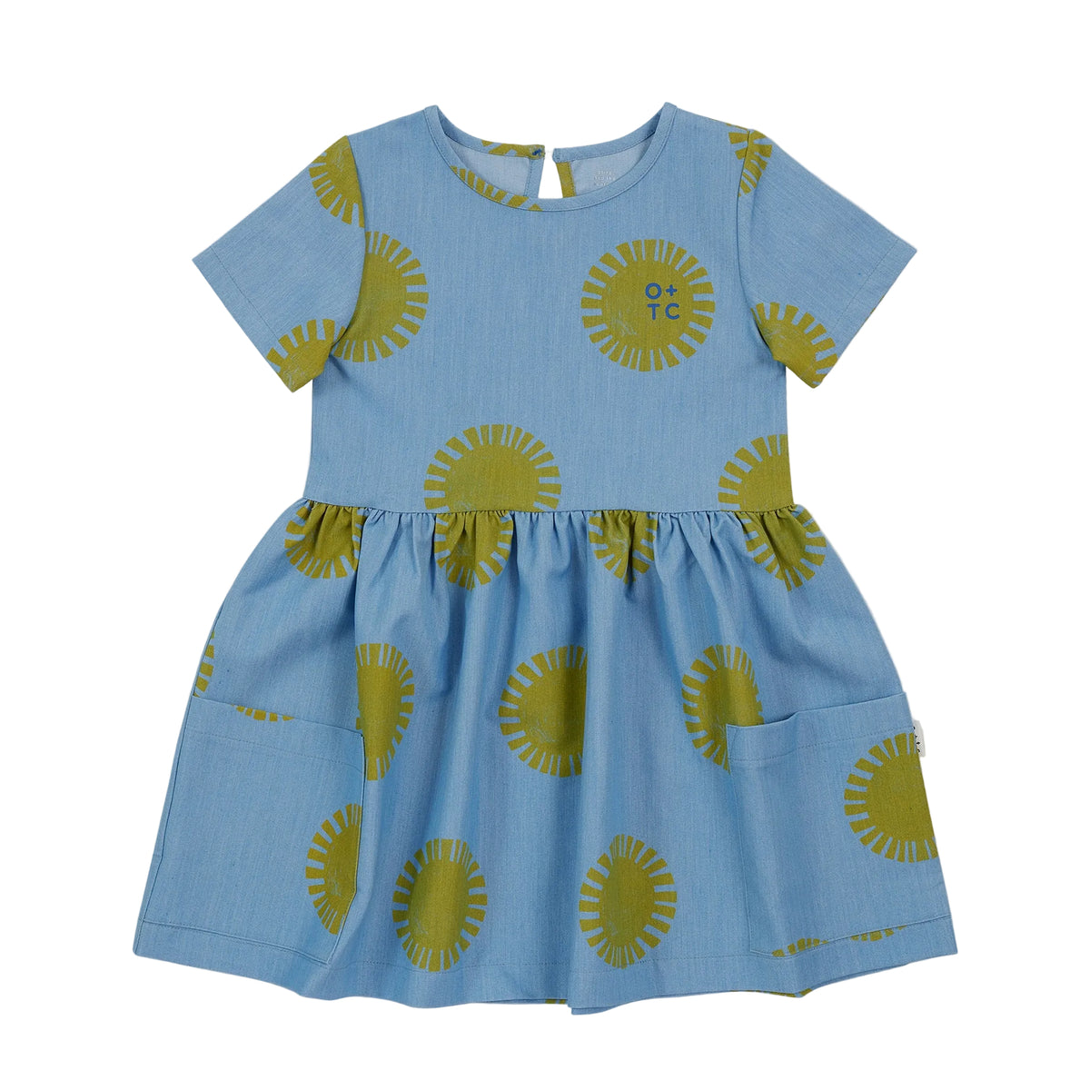 Blue dress with green sun patterns on a white background